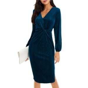 Blue Velvet Lurex Twist Midi Dress Christmas Winter Party Long Sleeve Size M NWT